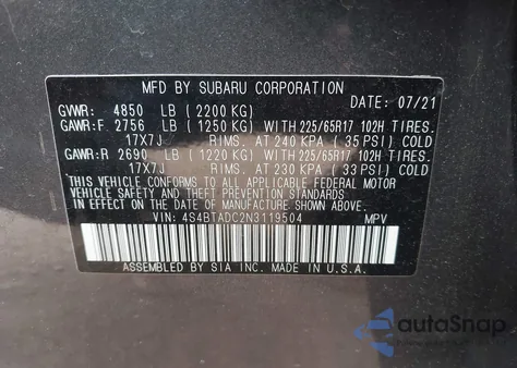 2022 Subaru Outback Premium z USA, uszkodzony, nr VIN 4S4BTADC2N3119504